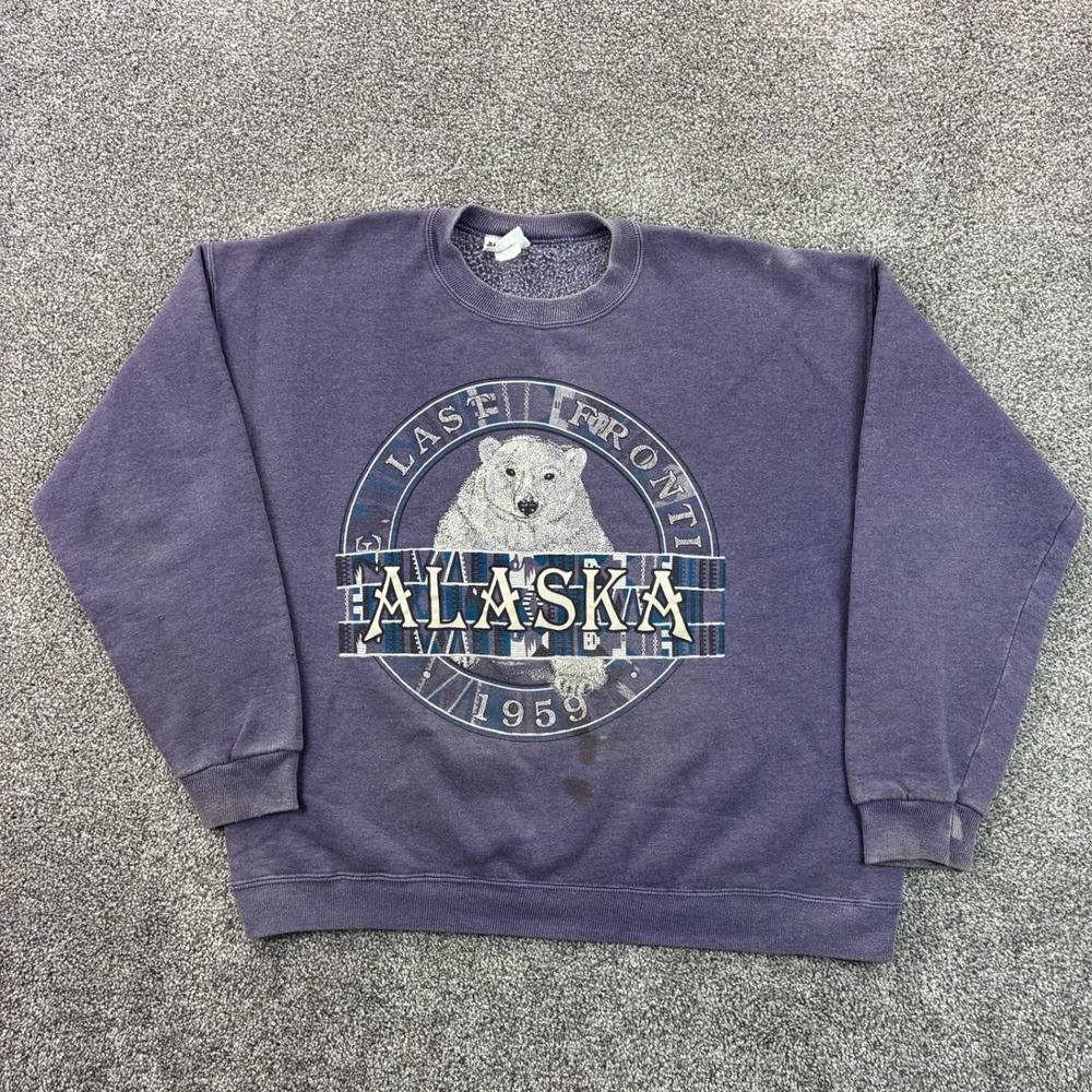 Vintage Alaska Sweatshirt Mens L Purple Polar Bear‎ Last Frontier National Park